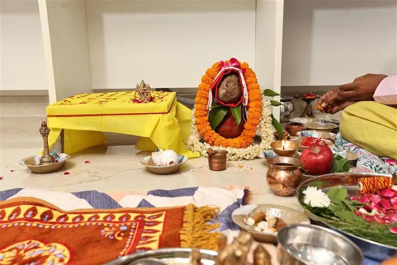 A festival puja set up in the MoonDive office