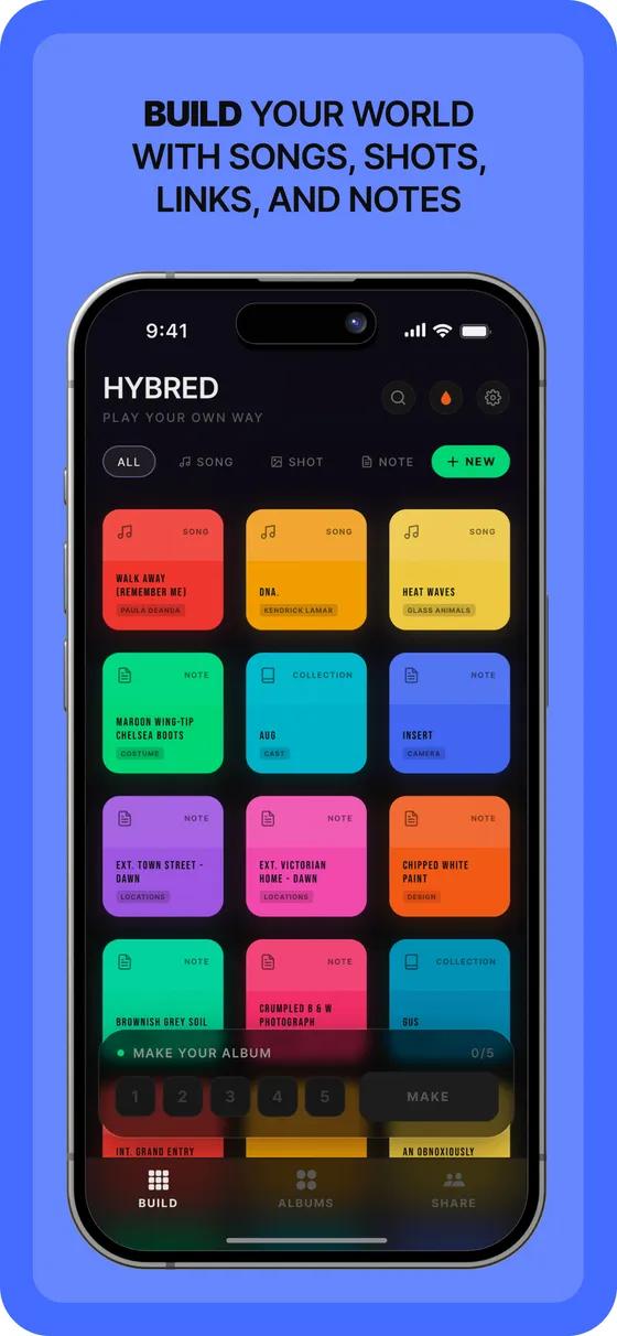 HYBRED App Store screenshot: build with songs, shots, links and notes