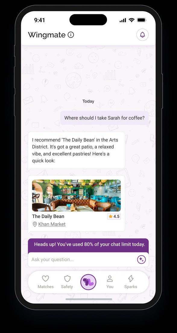 Flint Wingmate AI suggesting a café