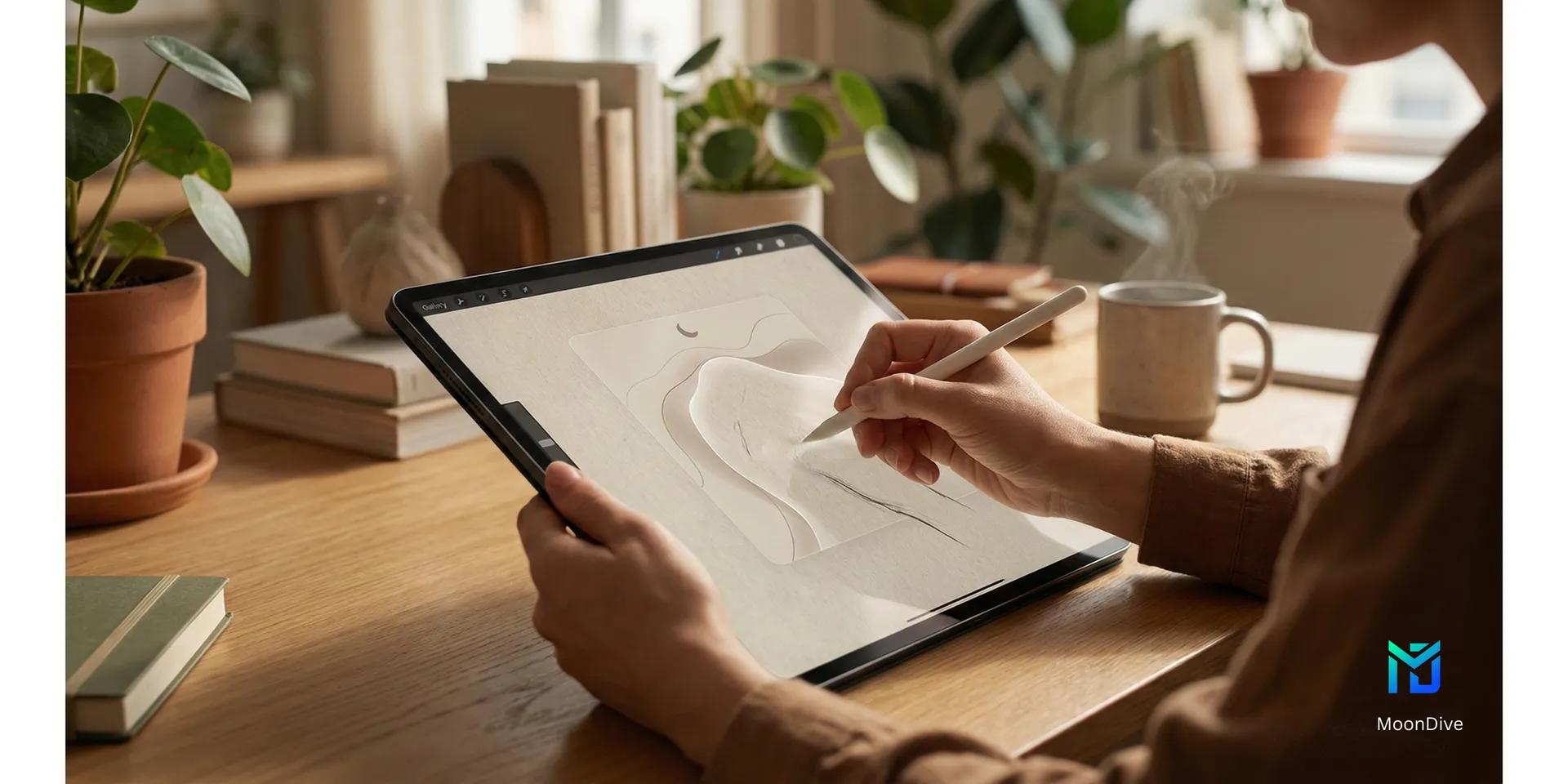 Digital artist using a stylus on a tablet in a warm, minimalist home office, representing MoonDive’s human-first design philosophy.