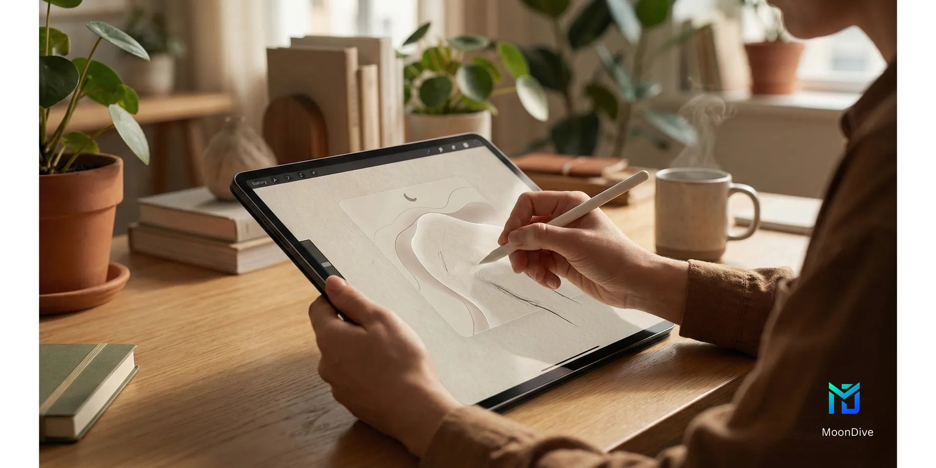 Digital artist using a stylus on a tablet in a warm, minimalist home office, representing MoonDive’s human-first design philosophy.