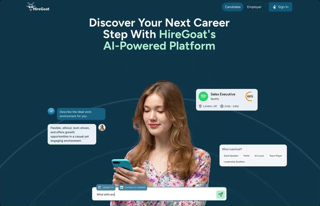 HireGoat home page with an AI career chat and a job match card
