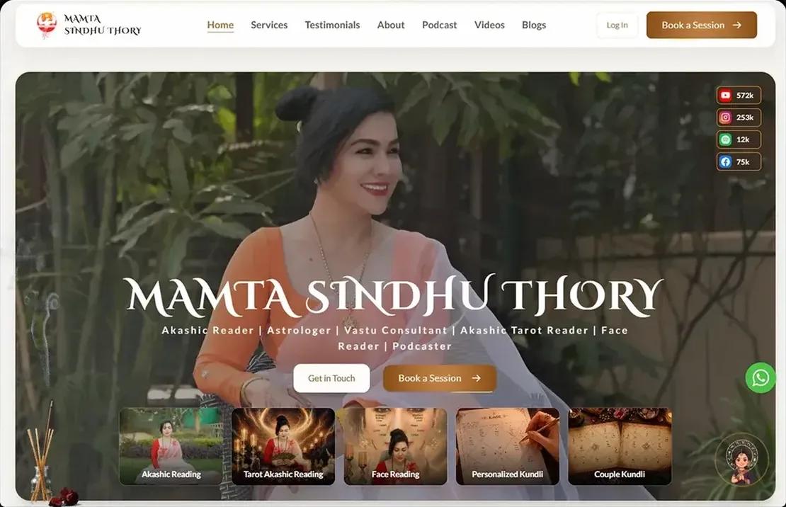 Mamta Sindhu Thory home page with session types to book