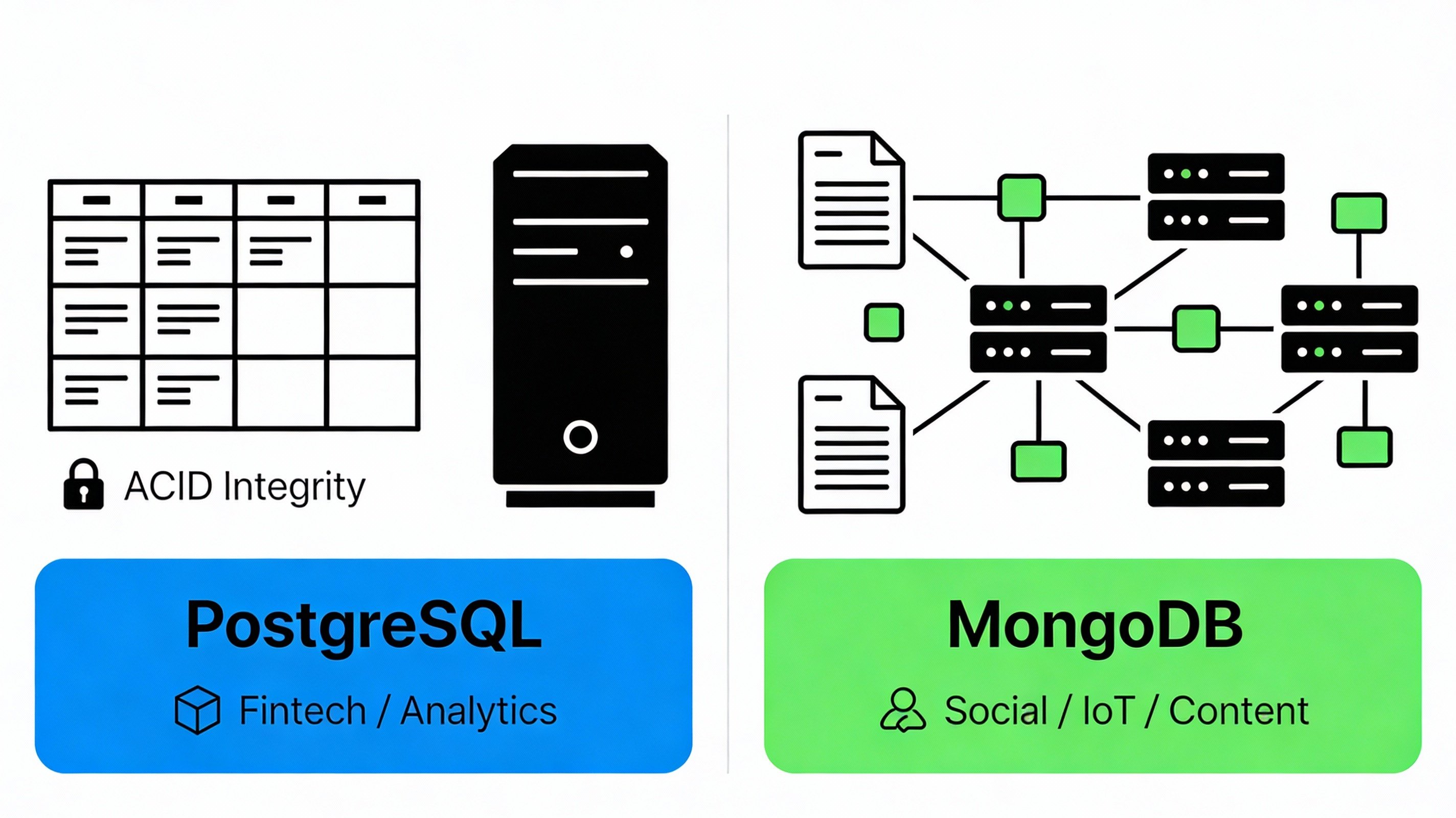 Side-by-side flat illustration comparing PostgreSQL and MongoDB, with PostgreSQL on the left showing structured tables and vertical scaling, and MongoDB on the right showing flexible JSON documents and horizontal sharding
