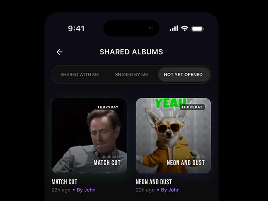 Transform Tiles Into Albums MoonDive developed the Album experience as the next layer of organization within HYBRED. Once users create individual Tiles, they can group related content, arrange it, and give the collection a name to create an Album. This enables users to move from individual content items to a larger, structured collection built around an idea, experience, or period of time. A single Album can bring together multiple formats and allow users to build the collection progressively by adding new Tiles whenever they have something relevant to preserve.